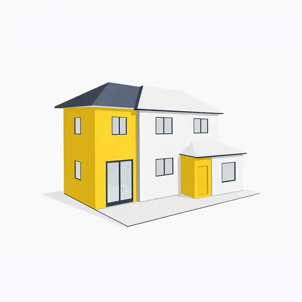 A modern house illustration featuring a yellow section, white walls, and a gray roof, viewed from an angle.