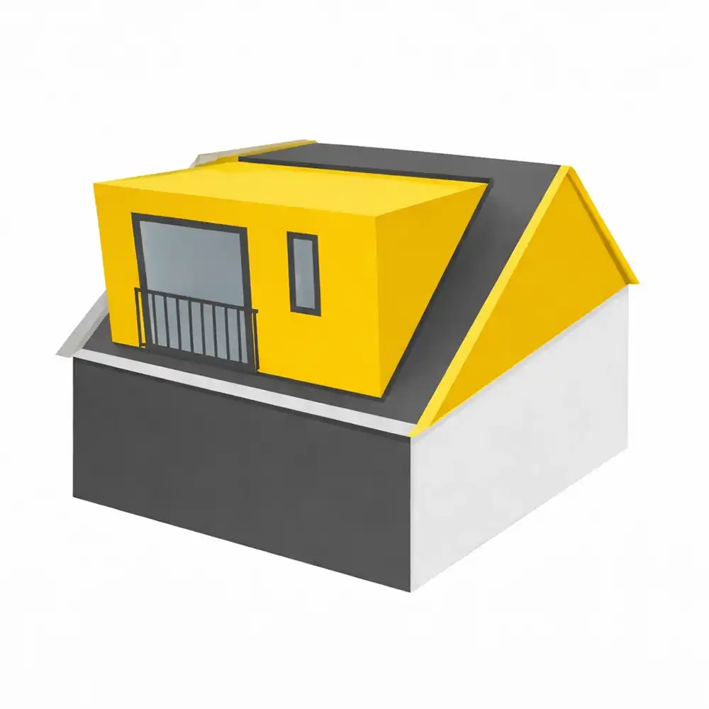 Stylized model of a house featuring a yellow upper section, grey roof, and white base, showcasing modern architectural design.