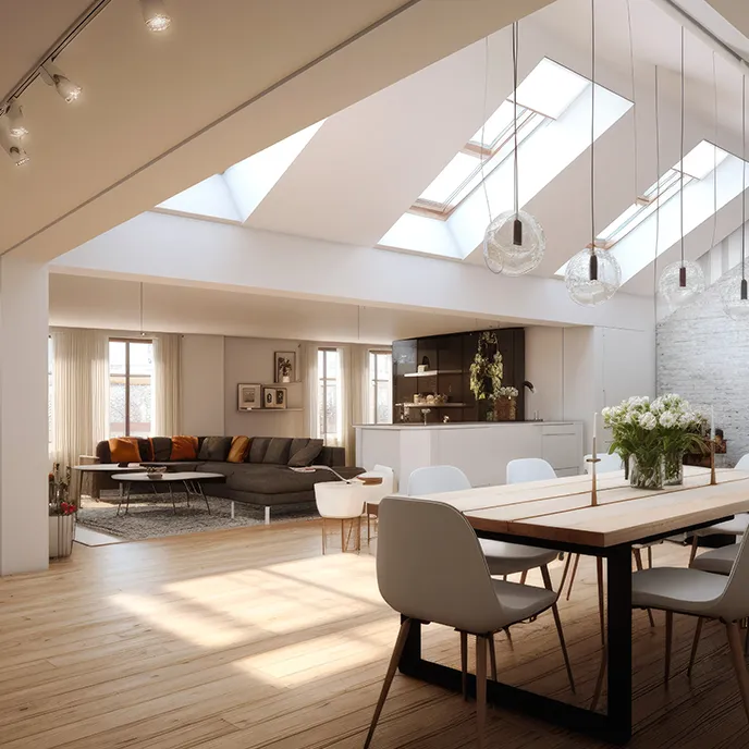 a room with a table, chairs and a couch