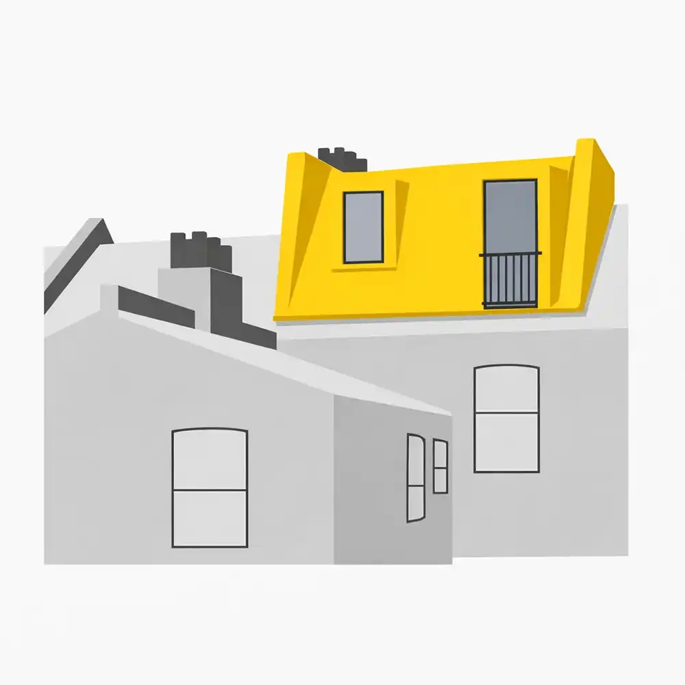 Illustration of houses with a prominent yellow roof and grey structures, featuring windows and chimneys.