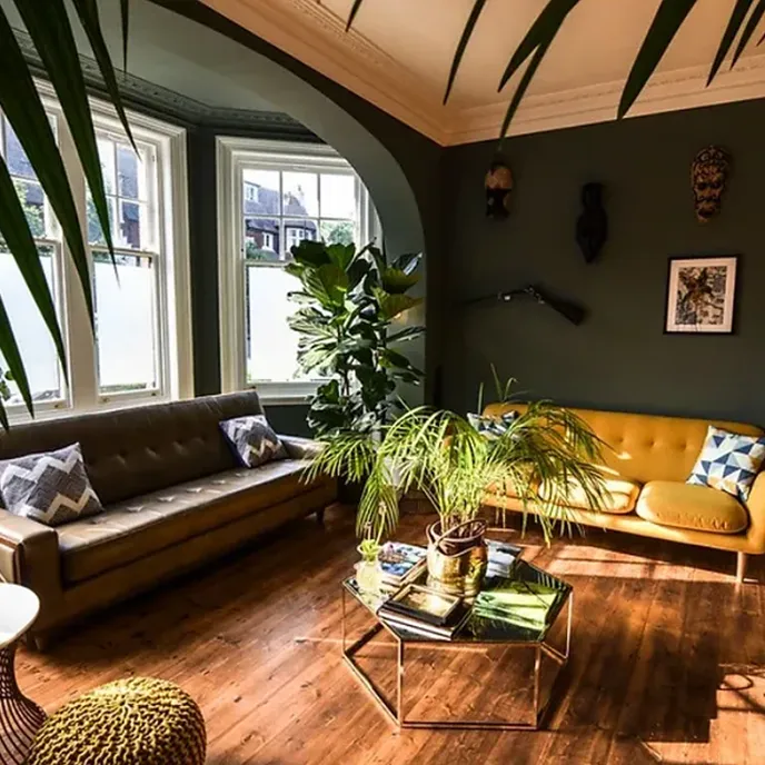 a living room filled with furniture and a potted plant