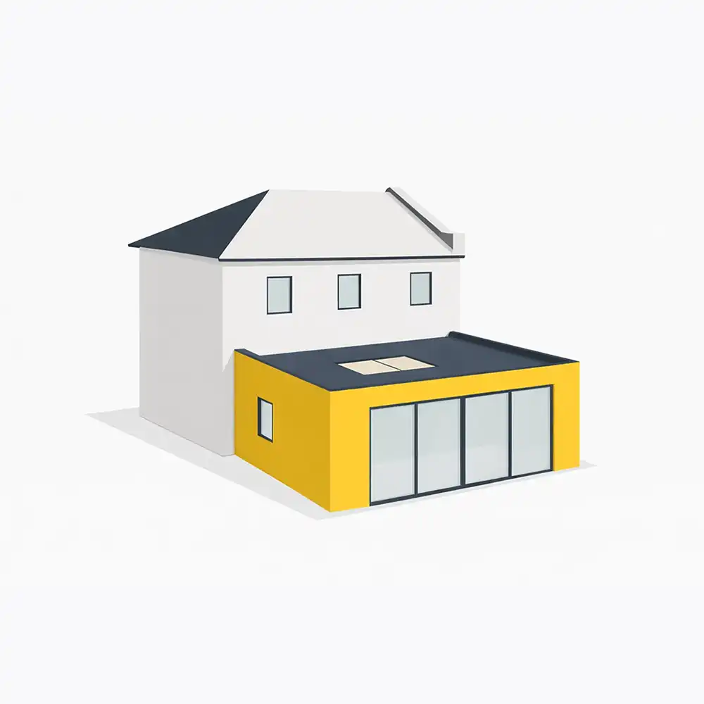 3D rendering of a house with a white upper section and a modern yellow extension featuring large glass doors.