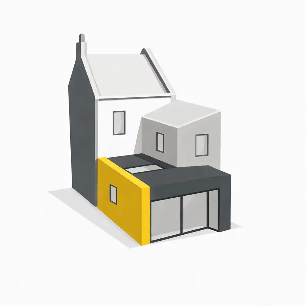 Abstract architectural model featuring a combination of a grey house, a white cube, and a yellow accent, set against a white background.