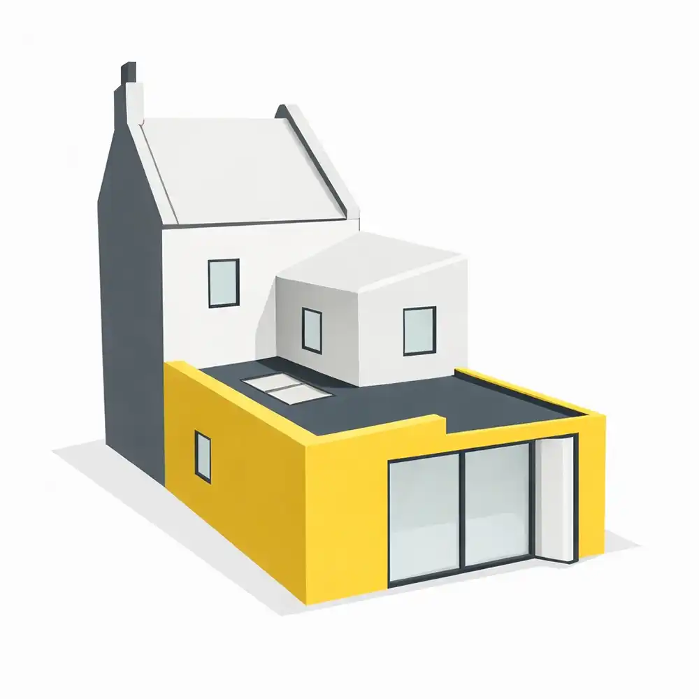 Modern architectural rendering of a two-part house featuring a gray and white upper section and a bright yellow lower section with large glass doors.